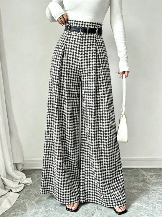 MODA ME COUTURE Pants - Black And White Casual Women's Houndstooth Mid-Waist Wide Leg Trousers